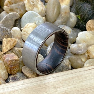 Tungsten Wood Rings | Wenge Wood Wedding Band, Wood Engagement, Anniversary, Promise Silver Brushed Flat Tungsten Carbide Comfort Fit Ring