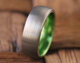 Tungsten Ring Green Wedding Band Silver Tungsten Brushed Acid Green Mans Tungsten Ring