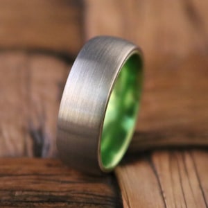 Tungsten Ring Green Wedding Band Silver Tungsten Brushed Acid Green Mans Tungsten Ring image 1