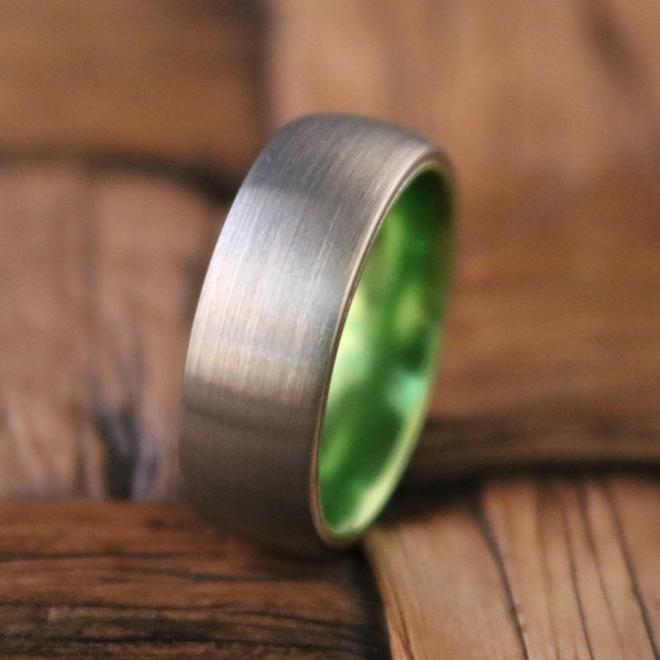 Tungsten Ring Green Wedding Band Silver Tungsten Brushed Acid Green Mans Tungsten Ring