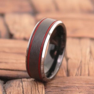 Mens Wedding Band Red, Black Tungsten Ring, Wedding Ring 8mm, Engagement Ring, Promise Ring, Rings for Men, Personalized Ring, Black Ring