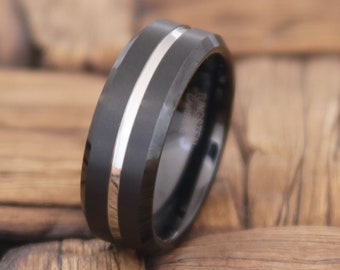 Black Brushed Mens Wedding Band with Silver Groove, Tungsten Carbide Rings for Him, His and Her Black Anniversary Comfort Fit Bands