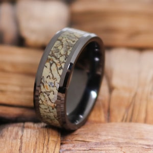 Black Dinosaur Bone Ring w/ Light Green Inlay, Ceramic Wedding Band for Him, Beveled and Polished Finish Anniversary Wedding Ring