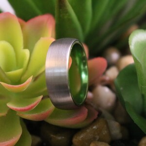 Tungsten Ring Green Wedding Band Silver Tungsten Brushed Acid Green Mans Tungsten Ring image 2