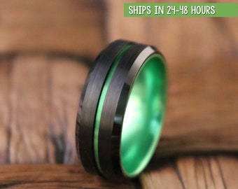 Green Tungsten Wedding Band, Black Tungsten Ring, Men &  Women, Tungsten Carbide Ring, Anniversary Ring, Black Tungsten