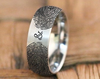Fingerprint Jewelry | His and Her Fingerprint, Couples Ring, Promise Ring, Plus Engraved Ring, Personalized Ring, Anniversary Ring, Tungsten