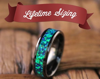 Black Ceramic Ring - Emerald Green & Sapphire Blue Color Opal Inlay  - Ceramic Wedding Band - Beveled - Polished Finish - 6mm - 8mm