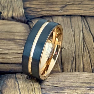 Black Brushed Mens Tungsten Carbide Wedding Ring with Rose Gold Band, Gift for Anniversary and Engagement, Promise Rings for Him