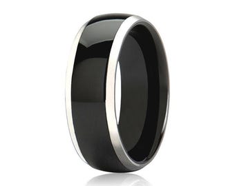 Ceramic Wedding Band for Men, 6-10mm Black Mens Ceramic Ring Domed, Personalized Engraved Ring, Comfort Fit