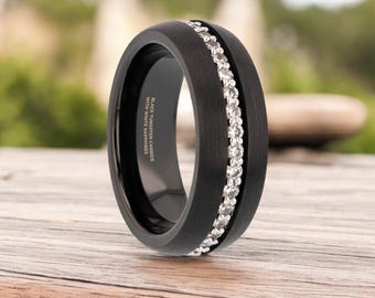 Black Tungsten Carbide Ring with White Sapphires - Domed Brushed Finish Wedding Band - Luxury Comfort Fit - 8mm Width