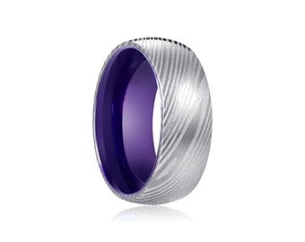 Damascus Steel Wedding Band for Men, 8mm Silver Mens Damascus Ring, Personalized Engraved Ring, Comfort Fit