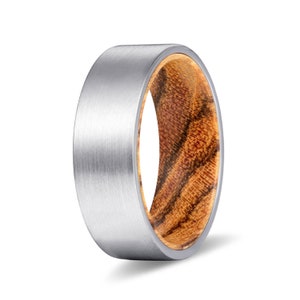 Tungsten Wood Rings | Bocote Wood Wedding Band, Wood Engagement, Anniversary Ring, Silver Brushed Flat Tungsten Carbide Comfort Fit Ring