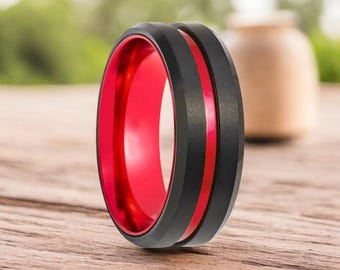 Tungsten Wedding Band for Men, 6-8mm Black Mens Tungsten Ring Red Inlay, Personalized Engraved Ring, Comfort Fit