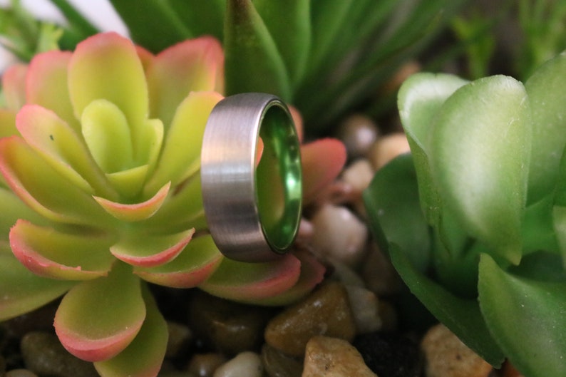 Tungsten Ring Green Wedding Band Silver Tungsten Brushed Acid Green Mans Tungsten Ring image 2