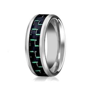 Mens trouwring wolfraam ring zilver hoogglans met groen zwart koolstofvezel inleg afgeschuinde rand 9mm wolfraamcarbide trouwring
