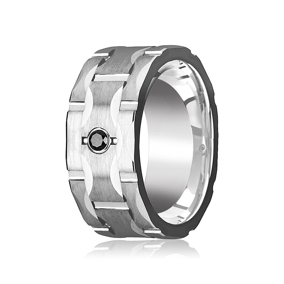 Black Diamond Wedding Ring Tungsten Ring Silver Tungsten Flat Brushed