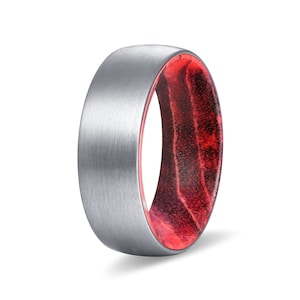 Tungsten Wood Rings | Black Red  Box Elder Wood Wedding Band, Wood Engagement, Anniversary Ring, Silver Brushed Domed Tungsten Carbide