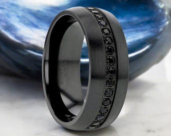Black Titanium Ring with Black Sapphires - Brushed Finish - Domed Comfort Fit Band - Available in 6mm & 8mm Widths