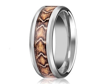 Snake Skin Wedding Band, Boa Snake Skin, Tungsten Wedding Band, Beveled, Polished Finish 8mm, Tungsten Wedding Ring