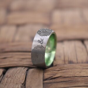 Tungsten Wedding Band for Men, 6-8mm Silver Mens Tungsten Ring Fingerprint, Personalized Engraved Ring, Comfort Fit image 1