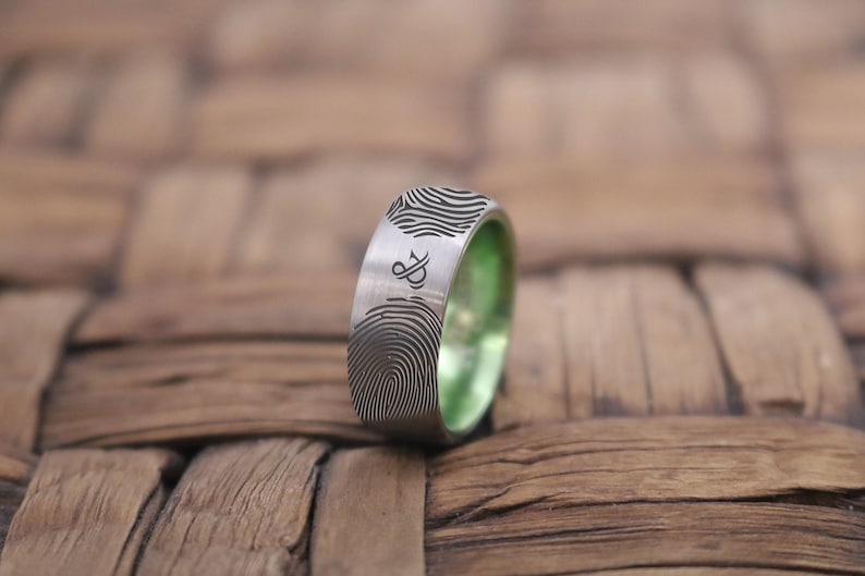Tungsten Wedding Band for Men, 6-8mm Silver Mens Tungsten Ring Fingerprint, Personalized Engraved Ring, Comfort Fit image 1