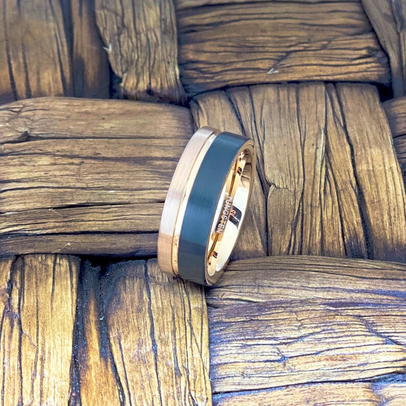 Promise Rings for Him Gift for Anniversary and Engagement Black Brushed Mens Tungsten Carbide Wedding Ring with Rose Gold Band Grooved