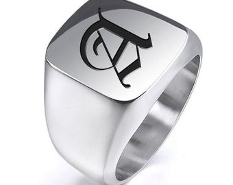 Laser Engraved Signet Ring Silver with Initial or Custom Logo
