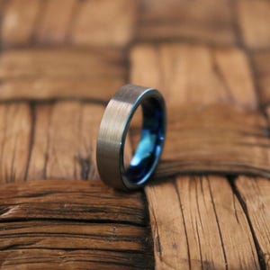 Blue Tungsten Wedding Ring Comfort Fit Pipe Cut Brushed Tungsten Carbide image 1