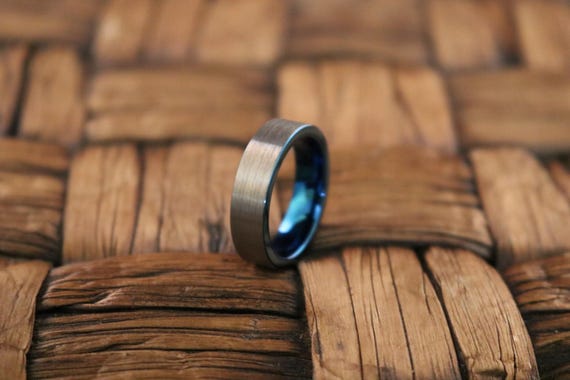 Blue Tungsten Wedding Ring Comfort Fit Pipe Cut Brushed Tungsten Carbide