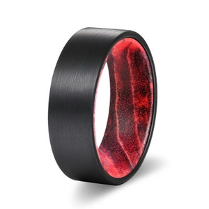 Flat Black Tungsten Wood Rings | Red Black Box Elder Wood Wedding Band, Wood Engagement, Anniversary Ring, Black Brushed Tungsten Carbide