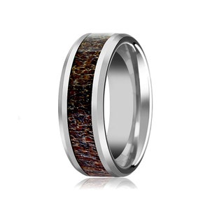 Tungsten Deer Antler Ring, Tungsten Wedding Band, Dark Deer Antler Beveled Polished Finish  8mm, Tungsten Wedding Ring