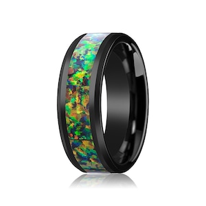 Schwarz Keramik Ring - Blau & Orange Opal Inlay - Keramik Ehering - Abgeschrägte - Polierte Oberfläche - 8mm - Keramik Ehering