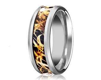 Camo | Camo trouwring, wolfraamcarbide, mannen trouwring, wolfraam trouwring, belofte ringen mannen, grasland camo, bladeren camo