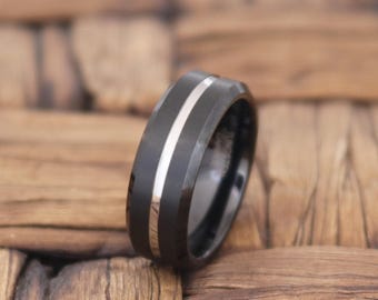 Tungsten Wedding Band for Men, 8mm Black Mens Tungsten Ring Silver Groove, Personalized Engraved Ring, Comfort Fit