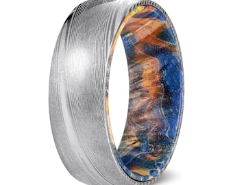 Damascus Steel Wedding Band for Men, 6-8mm Silver Mens Damascus Ring Wood Inlay, Personalized Engraved Ring, Comfort Fit
