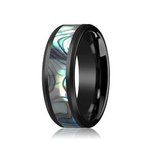 Schwarze Keramik Ring - Muschel Inlay - Keramik Ehering - Abgeschrägte - Polierte Oberfläche - 8mm - Keramik Ehering