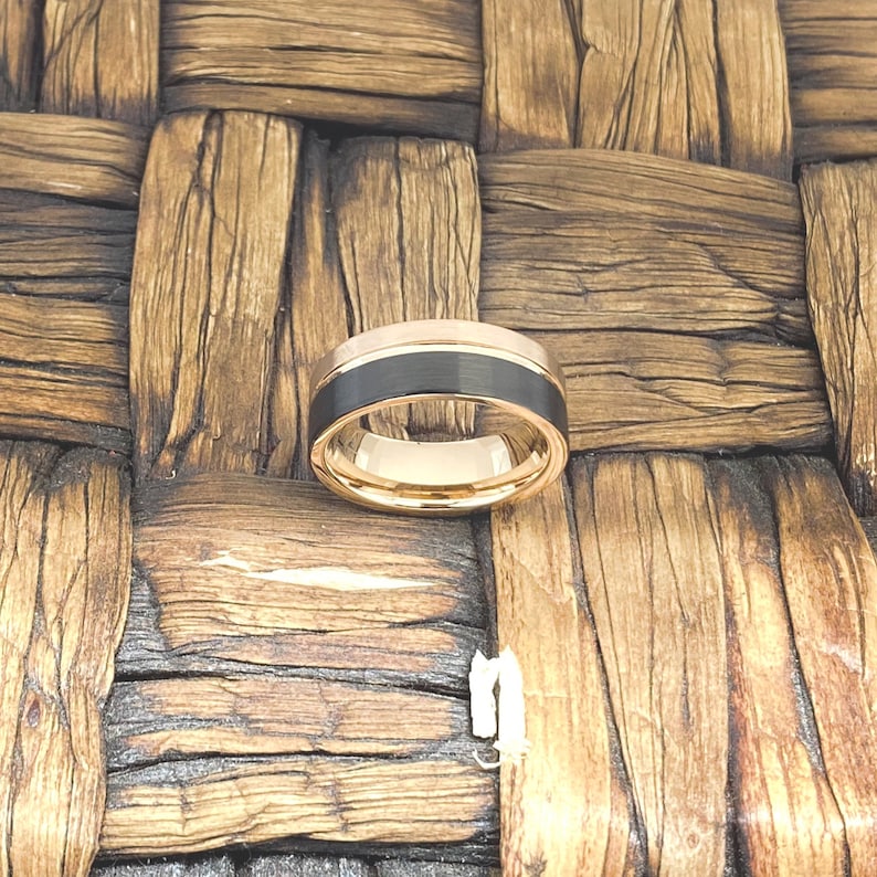 Promise Rings for Him Gift for Anniversary and Engagement Black Brushed Mens Tungsten Carbide Wedding Ring with Rose Gold Band Grooved