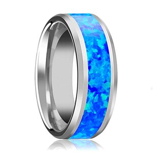 Tungsten Blue Green Opal Ring Inlaid Tungsten Carbide Polished Finished image 2
