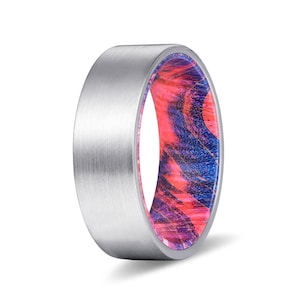 Tungsten Wood Rings | Blue and Red Box Elder Wood Wedding Band, Wood Engagement, Anniversary Ring, Silver Brushed Flat Tungsten Carbide