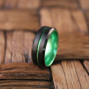 Green Tungsten Wedding Band, Black Tungsten Ring, Men & Women, Tungsten Carbide Ring, Anniversary Ring, Black Tungsten image 2