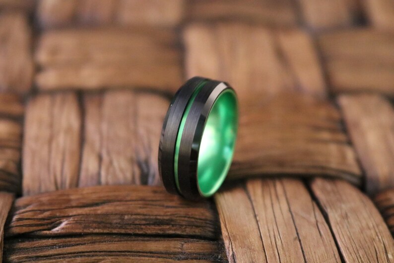 Green Tungsten Wedding Band, Black Tungsten Ring, Men & Women, Tungsten Carbide Ring, Anniversary Ring, Black Tungsten image 2