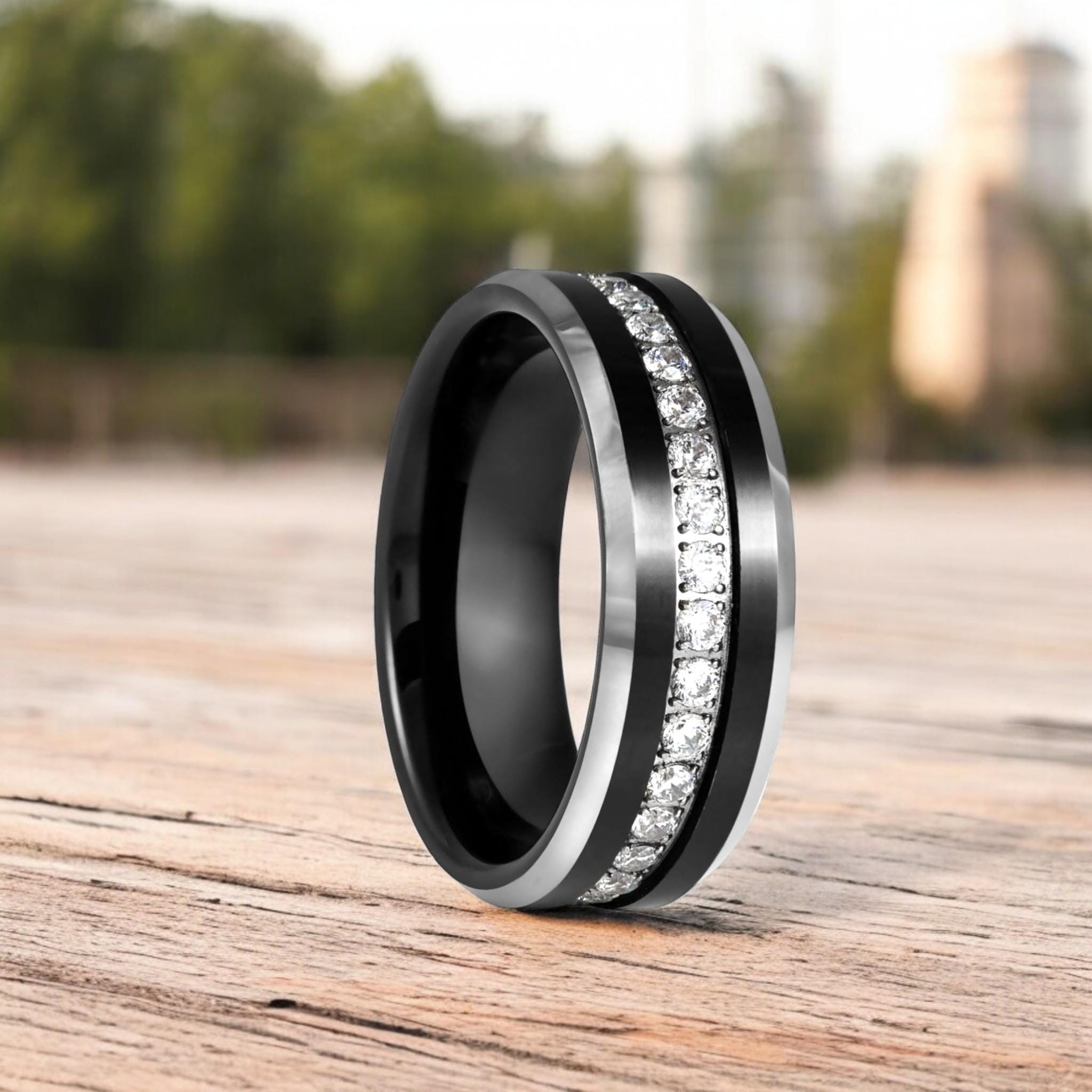 Black Tungsten Ring With White CZ Diamonds - Beveled Edge
