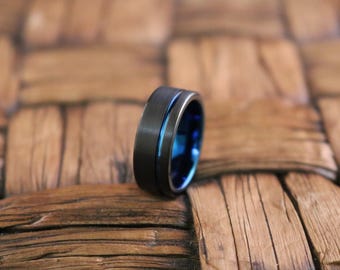 Blue Tungsten Ring, Mens Wedding Band Black, Tungsten Carbide, Tungsten Wedding Band, Rings for Him, Personalised Wedding Band,Promise Rings