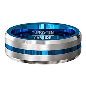 Blue Tungsten Wedding Band, Silver Brush Tungsten Ring, Men & Women, Tungsten Carbide Ring, Anniversary Ring, Blue Grooved Tungsten image 3