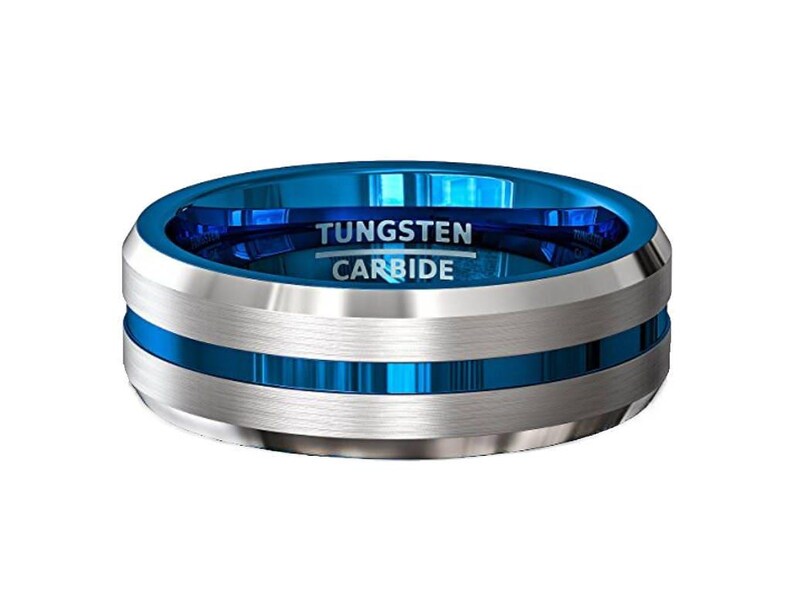 Blue Tungsten Wedding Band, Silver Brush Tungsten Ring, Men & Women, Tungsten Carbide Ring, Anniversary Ring, Blue Grooved Tungsten image 3