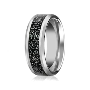 Shiny Beveled Edge with Black Sandstone Carbon Fiber Inlay 8mm Tungsten Carbide Wedding Ring