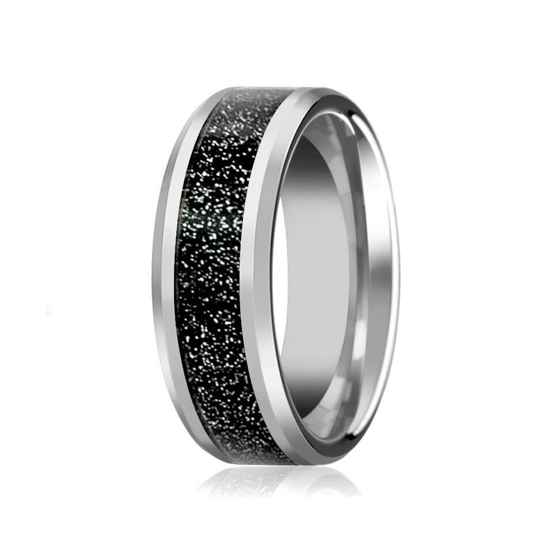 Shiny Beveled Edge with Black Sandstone Carbon Fiber Inlay 8mm Tungsten Carbide Wedding Ring image 1