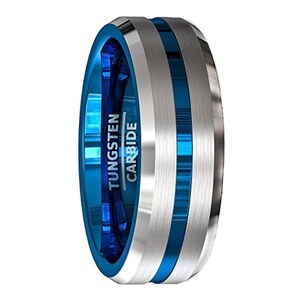Blue Tungsten Wedding Band, Silver Brush Tungsten Ring, Men & Women, Tungsten Carbide Ring, Anniversary Ring, Blue Grooved Tungsten image 2