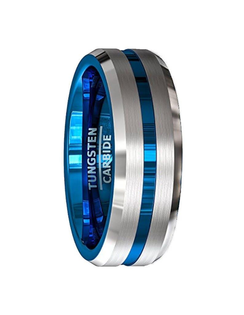 Blue Tungsten Wedding Band, Silver Brush Tungsten Ring, Men & Women, Tungsten Carbide Ring, Anniversary Ring, Blue Grooved Tungsten image 2