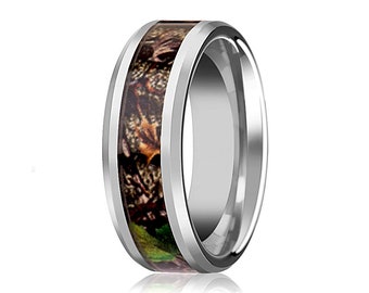 Wolfraam zilveren trouwring, wolfraam ring, boom groene bladeren camouflage, verjaardag, verloving, zijn, haar, ringen voor mannen, belofte ring
